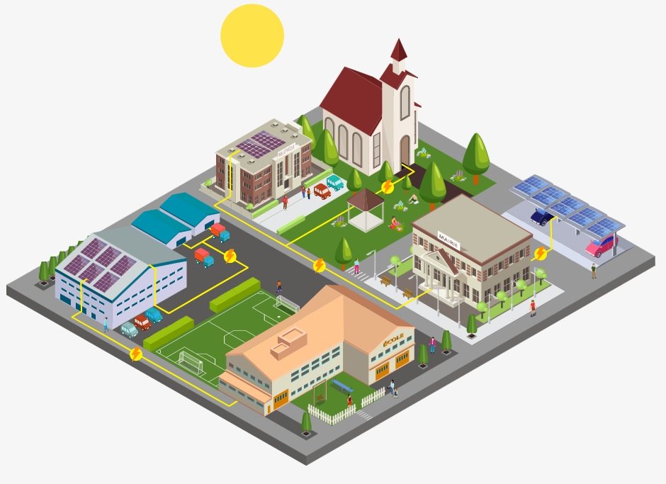 Autoconsommation collective : maisons, école, mairie et commerces d’un quartier partageant l’électricité solaire produite localement